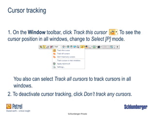 Schlumberger-Private
1. On the Window toolbar, click Track this cursor . To see the
cursor position in all windows, change to Select [P] mode.
You also can select Track all cursors to track cursors in all
windows.
2. To deactivate cursor tracking, click Don’t track any cursors.
Cursor tracking
 