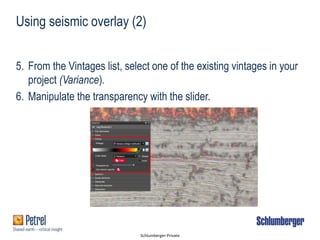 Schlumberger-Private
Using seismic overlay (2)
5. From the Vintages list, select one of the existing vintages in your
project (Variance).
6. Manipulate the transparency with the slider.
 