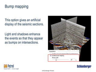 Schlumberger-Private
Bump mapping
This option gives an artificial
display of the seismic sections.
Light and shadows enhance
the events so that they appear
as bumps on intersections.
 