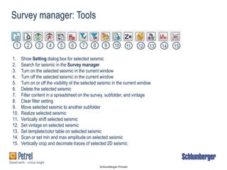 Schlumberger-Private
1 2 3 4 5 6 7 8 9 10 11 12 13 14 15
Survey manager: Tools
1. Show Setting dialog box for selected seismic
2. Search for seismic in the Survey manager
3. Turn on the selected seismic in the current window
4. Turn off the selected seismic in the current window
5. Turn on or off the visibility of the selected seismic in the current window
6. Delete the selected seismic
7. Filter content in a spreadsheet on the survey, subfolder, and vintage
8. Clear filter setting
9. Move selected seismic to another subfolder
10. Realize selected seismic
11. Vertically shift selected seismic
12. Set vintage on selected seismic
13. Set template/color table on selected seismic
14. Scan or set min and max amplitude on selected seismic
15. Vertically crop and decimate traces of selected 2D seismic
 