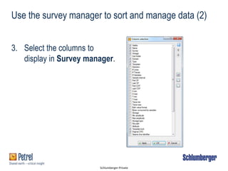 Schlumberger-Private
3. Select the columns to
display in Survey manager.
Use the survey manager to sort and manage data (2)
 