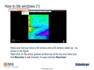 Schlumberger-Private
How to tile windows (1)
Make sure that you have a 3D window and a 2D window called up – as
shown in the figure.
Right-click on the active (yellow) window bar at the top and make sure
that Maximize is not checked. In case uncheck Maximize!
 