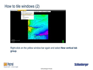 Schlumberger-Private
How to tile windows (2)
Right-click on the yellow window bar again and select New vertical tab
group.
 