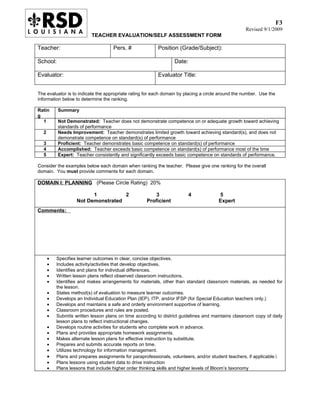 F3
                                                                                                   Revised 9/1/2009
                          TEACHER EVALUATION/SELF ASSESSMENT FORM

Teacher:                            Pers. #               Position (Grade/Subject):

School:                                                          Date:

Evaluator:                                                Evaluator Title:


The evaluator is to indicate the appropriate rating for each domain by placing a circle around the number. Use the
information below to determine the ranking.

Ratin     Summary
g
  1       Not Demonstrated: Teacher does not demonstrate competence on or adequate growth toward achieving
          standards of performance
  2       Needs Improvement: Teacher demonstrates limited growth toward achieving standard(s), and does not
          demonstrate competence on standard(s) of performance
  3       Proficient: Teacher demonstrates basic competence on standard(s) of performance
  4       Accomplished: Teacher exceeds basic competence on standard(s) of performance most of the time
  5       Expert: Teacher consistently and significantly exceeds basic competence on standards of performance.

Consider the examples below each domain when ranking the teacher. Please give one ranking for the overall
domain. You must provide comments for each domain.

DOMAIN I: PLANNING (Please Circle Rating) 20%

                         1          2                   3                4            5
                   Not Demonstrated                 Proficient                        Expert
Comments:




      •   Specifies learner outcomes in clear, concise objectives.
      •   Includes activity/activities that develop objectives.
      •   Identifies and plans for individual differences.
      •   Written lesson plans reflect observed classroom instructions.
      •   Identifies and makes arrangements for materials, other than standard classroom materials, as needed for
          the lesson.
      •   States method(s) of evaluation to measure learner outcomes.
      •   Develops an Individual Education Plan (IEP), ITP, and/or IFSP (for Special Education teachers only.)
      •   Develops and maintains a safe and orderly environment supportive of learning.
      •   Classroom procedures and rules are posted.
      •   Submits written lesson plans on time according to district guidelines and maintains classroom copy of daily
          lesson plans to reflect instructional changes.
      •   Develops routine activities for students who complete work in advance.
      •   Plans and provides appropriate homework assignments.
      •   Makes alternate lesson plans for effective instruction by substitute.
      •   Prepares and submits accurate reports on time.
      •   Utilizes technology for information management.
      •   Plans and prepares assignments for paraprofessionals, volunteers, and/or student teachers, if applicable.
      •   Plans lessons using student data to drive instruction
      •   Plans lessons that include higher order thinking skills and higher levels of Bloom’s taxonomy
 