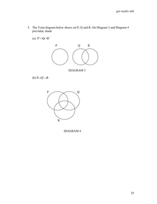ppr maths nbk




5. The Venn diagram below shows set P, Q and R. On Diagram 3 and Diagram 4
   provided, shade

   (a) P’∩Q∩R’

                    P               Q      R




                              DIAGRAM 3

   (b) P∪Q’∪R



              P                     Q




                        R


                            DIAGRAM 4




                                                                             25
 