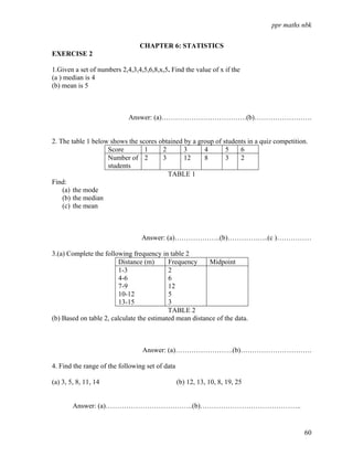 ppr maths nbk


                                CHAPTER 6: STATISTICS
EXERCISE 2

1.Given a set of numbers 2,4,3,4,5,6,8,x,5. Find the value of x if the
(a ) median is 4
(b) mean is 5



                            Answer: (a)……………………………….(b)…………………….


2. The table 1 below shows the scores obtained by a group of students in a quiz competition.
                    Score        1     2       3      4       5    6
                    Number of 2        3       12     8       3    2
                    students
                                         TABLE 1
Find:
    (a) the mode
    (b) the median
    (c) the mean



                                 Answer: (a)………………..(b)………….…..(c )……………

3.(a) Complete the following frequency in table 2
                         Distance (m)      Frequency     Midpoint
                         1-3               2
                         4-6               6
                         7-9               12
                         10-12             5
                         13-15             3
                                           TABLE 2
(b) Based on table 2, calculate the estimated mean distance of the data.



                                 Answer: (a)…………………….(b)………………………….

4. Find the range of the following set of data

(a) 3, 5, 8, 11, 14                              (b) 12, 13, 10, 8, 19, 25


        Answer: (a)………………………………..(b)……………………………………..


                                                                                          60
 
