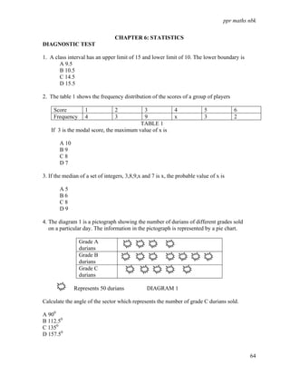 ppr maths nbk


                                 CHAPTER 6: STATISTICS
DIAGNOSTIC TEST

1. A class interval has an upper limit of 15 and lower limit of 10. The lower boundary is
       A 9.5
       B 10.5
       C 14.5
       D 15.5

2. The table 1 shows the frequency distribution of the scores of a group of players

     Score         1             2        3                  4             5            6
     Frequency     4             3        9                  x             3            2
                                         TABLE 1
   If 3 is the modal score, the maximum value of x is

       A 10
       B9
       C8
       D7

3. If the median of a set of integers, 3,8,9,x and 7 is x, the probable value of x is

       A5
       B6
       C8
       D9

4. The diagram 1 is a pictograph showing the number of durians of different grades sold
   on a particular day. The information in the pictograph is represented by a pie chart.

                 Grade A
                 durians
                 Grade B
                 durians
                 Grade C
                 durians

              Represents 50 durians             DIAGRAM 1

Calculate the angle of the sector which represents the number of grade C durians sold.

A 900
B 112.50
C 1350
D 157.50


                                                                                              64
 