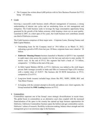 

The Company has written about 6,600 policies with its New Business Premium for FY12
being ` 107 million.

Credit
Growing a successful credit business entails efficient management of resources, a strong
understanding of interest rate cycles and an unrelenting focus on risk management and
mitigation. The Credit business seeks to leverage the huge consumption opportunity being
generated by the growth of the Indian economy while keeping a keen eye on asset quality.
Launched in 2007, in a short span of five years, the Credit business now contributes around
one third of Edelweiss revenues.
The Credit business comprises of three major units – Corporate Loans, Housing Finance and
Debt Capital Markets.


Outstanding loans for the Company stood at ` 39.6 billion as on March 31, 2012,
indicating a growth of 49% from last year. Of these, corporate loans were valued at ` 28
billion.



Edelweiss’ Housing Finance business launched in Mumbai in Q3FY11 has expanded
to eight major cities across the country over the last year and aims to enter another 10
metros soon. At the end of FY12, this segment had built a book of ` 7.8 billion,
compared to ` 1.2 billion at the start of the year.



In Debt Capital Markets (DCM), in FY12, Edelweiss was ranked as the sixth largest
private Debt Arranger (overall) in India and fifth in Commercial Paper (CP) issuance
with a market share of 10.4%*. The business did 30 DCM transactions in FY12,
compared to 22 in FY11.



Long-term bonds issuance included large clients like PFC, NHPC, SIDBI, REC and
Tata Motor Finance.



In keeping with the constant attempt to diversify and address new client segments, the
Group launched the SME Lending business in FY12.

Commodities
Commodities represent one of the Group‘s most strategic diversifications in recent times.
The global boom in commodities as an alternative asset class coupled with the increased
financialisation of the space in the country has opened up large business opportunities for
Edelweiss. Edelweiss Commodities business spans the bullion and agri commodities sectors.
Edelweiss‘ culture of research, flexibility in decision making, balance-sheet strength and risk
management gives it an enormous edge in the business.
11

 