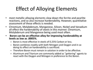 Effect of Alloying Elements
• most metallic alloying elements slow down the ferrite and pearlite
reactions, and so also increase hardenability. However, quantitative
assessment of these effects is needed.
• Chromium, Molybdenum, Manganese, Silicon, Nickel and Vanadium
all effect the hardenability of steels in this manner. Chromium,
Molybdenum and Manganese being used most often.
• Boron can be an effective alloy for improving hardenability at
levels as low as .0005%.
– Boron is most effective in steels of 0.25% Carbon or less.
– Boron combines readily with both Nitrogen and Oxygen and in so
doing its effect on hardenability is sacrificed.
– Therefore Boron must remain in solution in order to be affective.
– Aluminum and Titanium are commonly added as "gettering" agents to
react with the Oxygen and Nitrogen in preference to the Boron.

 