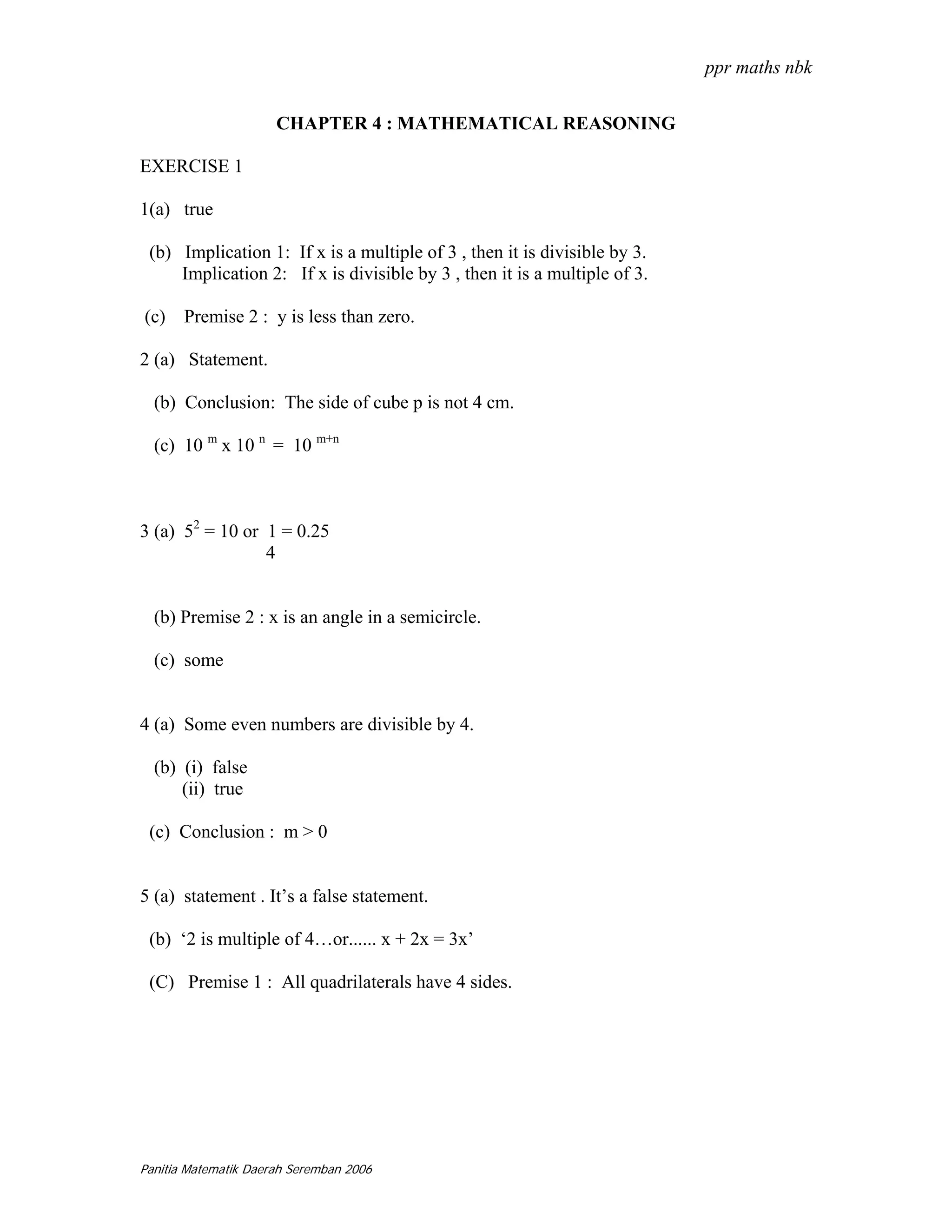ppr maths nbk


                      CHAPTER 4 : MATHEMATICAL REASONING

EXERCISE 1

1(a) true

 (b) Implication 1: If x is a multiple of 3 , then it is divisible by 3.
     Implication 2: If x is divisible by 3 , then it is a multiple of 3.

(c) Premise 2 : y is less than zero.

2 (a) Statement.

  (b) Conclusion: The side of cube p is not 4 cm.

  (c) 10 m x 10 n = 10 m+n



3 (a) 52 = 10 or 1 = 0.25
                 4


  (b) Premise 2 : x is an angle in a semicircle.

  (c) some


4 (a) Some even numbers are divisible by 4.

  (b) (i) false
      (ii) true

 (c) Conclusion : m > 0


5 (a) statement . It’s a false statement.

 (b) ‘2 is multiple of 4…or...... x + 2x = 3x’

 (C) Premise 1 : All quadrilaterals have 4 sides.




Panitia Matematik Daerah Seremban 2006
 