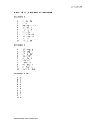 ppr maths nbk


CHAPTER 2 : QUADRATIC EXPRESSIONS

EXERCISE 1

    1.       x2 – 5x – 24
    2.       x2 – 9
    3.       mx + my – x – y
    4.       2x2 + 5x – 3
    5.       – x2 – x – 8
    6.       2x2 – 18x
    7.       2x2 – 11x – 40
    8.       3u2 – 5us + 2s2
    9.       5x – 5x2
    10.      –u2 + u + 15

EXERCISE 2

    1.       3p2 – 3pq + q2
    2.       2q2 – 2pq
    3.       6f2 – fg – 2g2
    4.       3hk – 17h2
    5.       6x2 + 2x + 1
    6.       – 3p2 – q2
    7.       – 16x + 16
    8.       9x2 – 11x – 4
    9.       a2 – 56a + 16
    10.      3m2 + 5k2 – 4mk

DIAGNOSTIC TEST

    1. B
    2. D
    3. B
    4. A
    5. B
    6. A
    7. C
    8. D
    9. C
    10. B




Panitia Matematik Daerah Seremban 2006
 
