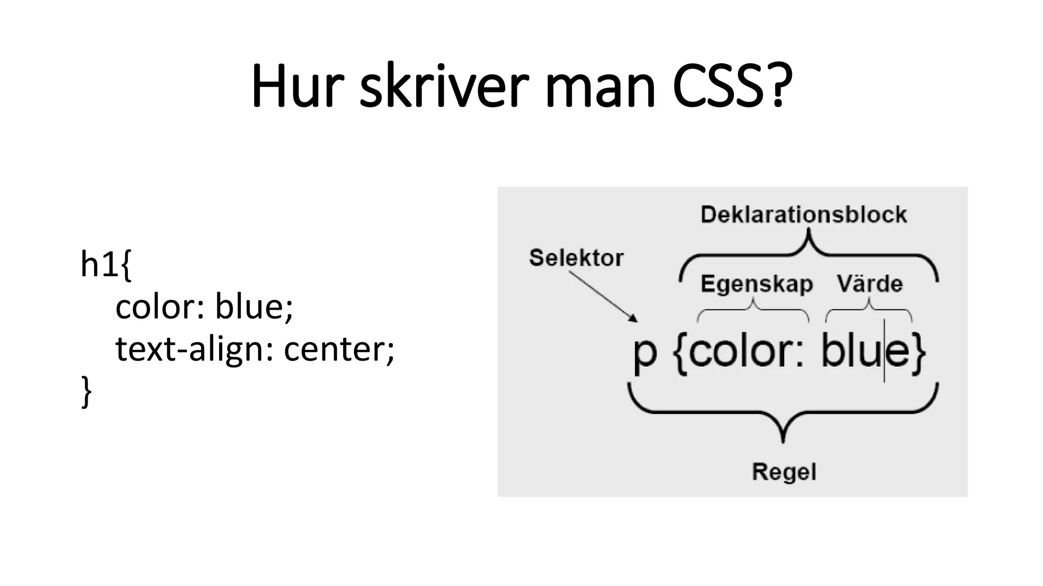 Hur skriver man CSS?
h1{
color: blue;
text-align: center;
}
 