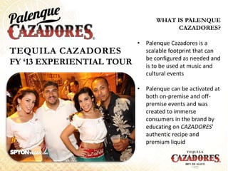 WHAT IS PALENQUE
CAZADORES?
• Palenque Cazadores is a
scalable footprint that can
be configured as needed and
is to be used at music and
cultural events
• Palenque can be activated at
both on-premise and off-
premise events and was
created to immerse
consumers in the brand by
educating on CAZADORES’
authentic recipe and
premium liquid
TEQUILA CAZADORES
FY ‘13 EXPERIENTIAL TOUR
 