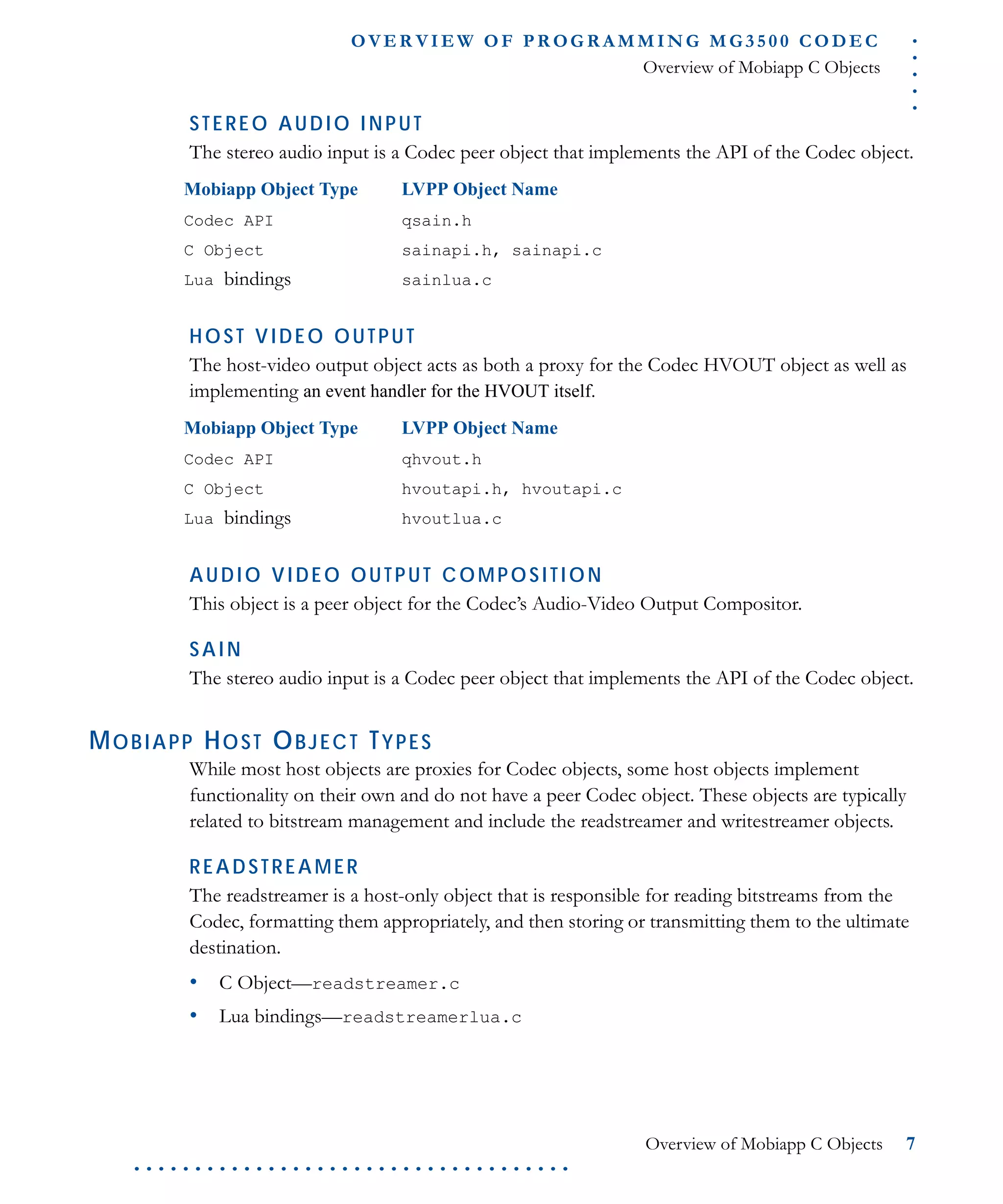 .....
O VE R V I E W O F P R OG R A M M I N G M G 3 5 0 0 C O D E C
Overview of Mobiapp C Objects
Overview of Mobiapp C Objects 7
. . . . . . . . . . . . . . . . . . . . . . . . . . . . . . . . . . . .
STEREO AUDIO INPUT
The stereo audio input is a Codec peer object that implements the API of the Codec object.
HOST VIDEO OUTPUT
The host-video output object acts as both a proxy for the Codec HVOUT object as well as
implementing an event handler for the HVOUT itself.
AUDIO VIDEO OUTPUT COMPOSITION
This object is a peer object for the Codec’s Audio-Video Output Compositor.
SAIN
The stereo audio input is a Codec peer object that implements the API of the Codec object.
MOBIAPP HOST OBJECT TYPES
While most host objects are proxies for Codec objects, some host objects implement
functionality on their own and do not have a peer Codec object. These objects are typically
related to bitstream management and include the readstreamer and writestreamer objects.
READSTREAMER
The readstreamer is a host-only object that is responsible for reading bitstreams from the
Codec, formatting them appropriately, and then storing or transmitting them to the ultimate
destination.
• C Object—readstreamer.c
• Lua bindings—readstreamerlua.c
Mobiapp Object Type LVPP Object Name
Codec API qsain.h
C Object sainapi.h, sainapi.c
Lua bindings sainlua.c
Mobiapp Object Type LVPP Object Name
Codec API qhvout.h
C Object hvoutapi.h, hvoutapi.c
Lua bindings hvoutlua.c
 