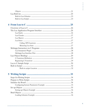 .....
v
. . . . . . . . . . . . . . . . . . . . . . . . . . . . . . . . . . . . . . . .
Objects ..........................................................................................................................21
Lua Built-ins ................................................................................................................23
Built-in Lua Libraries ..................................................................................................23
Built-in Lua Scripts ......................................................................................................23
4 From Lua to C .......................................................................... 25
Overview of Lua to C ...............................................................................................26
The Lua Application Program Interface ................................................................26
Lua Stacks .....................................................................................................................26
Lua Chunks ...................................................................................................................27
Lua Macros ...................................................................................................................27
Lua States ......................................................................................................................27
Calling API Functions .....................................................................................27
Releasing Lua State ..........................................................................................27
Mobiapp Interaction via C Programs .....................................................................28
Lua Interpreter Plugin ................................................................................................28
Mobiapp Lua Interface Files ......................................................................................28
Lua Objects Bindings ................................................................................................29
C Functions Definition ...............................................................................................29
Registering C Functions .............................................................................................29
Lua to C Sample Script .............................................................................................30
Built-in Scripts ............................................................................................................32
Built-in scripts Location ..................................................................................32
5 Writing Scripts ......................................................................... 33
Steps for Writing Scripts ...........................................................................................34
Prepare to Write Scripts ............................................................................................34
Initialize the Board .....................................................................................................34
Configuring System Parameters Example ...............................................................35
Set up Objects ............................................................................................................35
Setting up Objects Example ......................................................................................36
Bind Objects ...............................................................................................................36
Loading Libraries Example ........................................................................................36
 