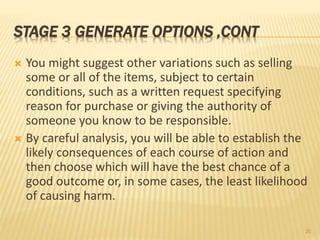 STAGE 3 GENERATE OPTIONS ,CONT
 You might suggest other variations such as selling
some or all of the items, subject to certain
conditions, such as a written request specifying
reason for purchase or giving the authority of
someone you know to be responsible.
 By careful analysis, you will be able to establish the
likely consequences of each course of action and
then choose which will have the best chance of a
good outcome or, in some cases, the least likelihood
of causing harm.
20
 
