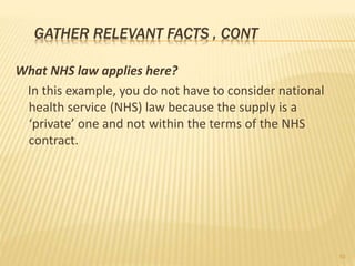 GATHER RELEVANT FACTS , CONT
What NHS law applies here?
In this example, you do not have to consider national
health service (NHS) law because the supply is a
‘private’ one and not within the terms of the NHS
contract.
10
 