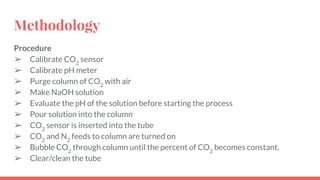 Methodology
Procedure
➢ Calibrate CO2
sensor
➢ Calibrate pH meter
➢ Purge column of CO2
with air
➢ Make NaOH solution
➢ Evaluate the pH of the solution before starting the process
➢ Pour solution into the column
➢ CO2
sensor is inserted into the tube
➢ CO2
and N2
feeds to column are turned on
➢ Bubble CO2
through column until the percent of CO2
becomes constant.
➢ Clear/clean the tube
 