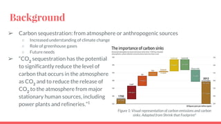 Background
➢ Carbon sequestration: from atmosphere or anthropogenic sources
○ Increased understanding of climate change
○ Role of greenhouse gases
○ Future needs
➢ “CO2
sequestration has the potential
to significantly reduce the level of
carbon that occurs in the atmosphere
as CO2
and to reduce the release of
CO2
to the atmosphere from major
stationary human sources, including
power plants and refineries.”1
Figure 1: Visual representation of carbon emissions and carbon
sinks. Adapted from Shrink that Footprint1
 