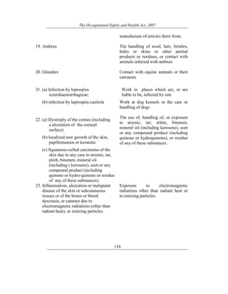 The Occupational Safety and Health Act, 2007
116
manufacture of articles there from.
19. Anthrax The handling of wool, hair, bristles,
hides or skins or other animal
products or residues, or contact with
animals infected with anthrax
20. Glanders Contact with equine animals or their
carcasses
21. (a) Infection by leptospira
icterohaemorrhagieae;
(b) infection by leptospira canilola
Work in places which are, or are
liable to be, infected by rats
Work at dog kennels or the care or
handling of dogs
22. (a) Dystroply of the cornea (including
a ulceration of the corneal
surface)
(b) localized new growth of the skin,
papillomatuos or keratotic
(c) Squamous-celled carcinoma of the
skin due in any case to arsenic, tar,
pitch, bitumen, mineral oil
(including ( kerosene), soot or any
compound product (including
quinone or hydro-quinone or residue
of any of these substances).
The use of, handling of, or exposure
to arsenic, tar, white, bitumen,
mineral oil (including kerosene), soot
or any compound product (including
quinone or hydroquinone), or residue
of any of these substances.
23. Inflammation, ulceration or malignant
disease of the skin or subcutaneous
tissues or of the bones or blood
dyscrasia, or cataract due to
electromagnetic radiations (other than
radiant heat), or ionizing particles.
Exposure to electromagnetic
radiations other than radiant heat or
to ionizing particles.
 