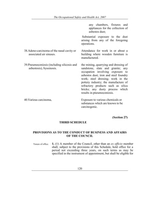 The Occupational Safety and Health Act, 2007
120
any chambers, fixtures and
appliances for the collection of
asbestos dust;
Substantial exposure to the dust
arising from any of the foregoing
operations.
38.Adeno-carcinoma of the nasal cavity or
associated air sinuses.
Attendance for work in or about a
building where wooden furniture is
manufactured.
39.Pneumoconiosis (including silicosis and
asbestosis), byssinosis.
the mining, quarrying and dressing of
sandstone, slate and granite; any
occupation involving exposure to
asbestos dust; iron and steel foundry
work; steel dressing; work in the
pottery industry; the manufacture of
refractory products such as silica
bricks; any dusty process which
results in pneumoconiosis.
40.Various carcinoma, Exposure to various chemicals or
substances which are known to be
carcinogenic.
(Section 27)
THIRD SCHEDULE
PROVISIONS AS TO THE CONDUCT OF BUSINESS AND AFFAIRS
OF THE COUNCIL
Tenure of office. 1. (1) A member of the Council, other than an ex officio member
shall, subject to the provisions of this Schedule, hold office for a
period not exceeding three years, on such terms as may be
specified in the instrument of appointment, but shall be eligible for
 