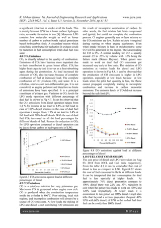 K. Mohan Kumar Int. Journal of Engineering Research and Applications www.ijera.com 
ISSN : 2248-9622, Vol. 4, Issue 11( Version 2), November 2014, pp.41-53 
www.ijera.com 51 | P a g e 
a significant reduction in smoke at all the loads. This is mainly because LPG has a lower carbon/ hydrogen ratio, so smoke formation is less [9]. Moreover LPG contains low molecular weight as well as lesser number of carbon to carbon bonds typical petroleum based hydrocarbon fuels. A secondary reason which could have contributed for reduction in exhaust could be reduction in fuel consumption when dual fuel was used. 4.8 CO2 Emissions 
CO2 is directly related to the quality of combustion. Emissions of CO2 have become more important due to their contribution to green house effect. CO2 has higher heat capacity and it serves as a heat-absorbing agent during the combustion. As load increased the emission of CO2 also increases because of complete combustion of fuel at increased load. The complete combustion of HC produces CO2 and water. It is a colorless, odorless and non-inflammable gas. It is not considered as engine pollutant and therefore no limits of emissions have been specified. It is a principal constituent of exhaust gas. Variation in CO2 levels for LPG mode operation with different percentage of dual fuel is shown in Fig 4.7. It can be observed that the CO2 emissions from diesel operation ranges from 1.4 % by volume at no load to 4.8% at full load in case of 100% diesel whereas in the case of dual fuel operation it ranges from 1.3% at no load to 3.4% at full load with 70% diesel blends. With the use of dual fuel CO2 decreased on all the load percentages for different blends of fuel. Reason for reduction in CO2 for LPG operation compared to diesel operation can be due to lower carbon to hydrogen ratio of LPG. figure4.7 CO2 emissions against load at different percentages of diesel 4.9 CO Emissions 
CO is a colorless odorless but very poisonous gas. Maximum CO in generated when engine runs rich. CO is produced when the combustion temperature inside the cylinder is 800oC. Poor mixing, local rich regions, and incomplete combustion will always be a source of CO emissions. At low loads the mixing of LPG and diesel is not convincing. CO emissions are the result of incomplete combustion of carbon. In other words, the fuel mixture had been compressed and ignited, but could not complete the combustion process. CI engines generally run on lean mixture so the CO emissions are low. Richer mixture is required during starting or when engine accelerates. Even when intake mixture is lean or stoichiometric some CO will be generated in the engine. The ideal reading for CO is 0%. A normal reading for CO is usually around .25 to .75% by volume with 1.2% being the failure mark (Dennis Haynes). When genset was made to work on dual fuel CO emissions got increased very early at low loads. The variation of CO emissions at various loads for diesel and LPG operation is shown in Fig 4.8. It can be observed that the production of CO emissions is higher in LPG operation, especially at low loads because at low loads when the pilot fuel quantity is less, the flame cannot propagate completely leading to incomplete combustion and increase in carbon monoxide emissions. The emission levels of CO did not increase beyond the safe limit [9]. figure 4.8 CO emissions against load at different percentages of diesel 
4.10 FUEL COST COMPARISON 
The cost price of diesel and LPG were taken on Aug 03, 2014 from IOCL and Gail India respectively. From the table 4.1 it can be concluded that cost of diesel is less as compare to LPG. Figure4.32 shows the cost of fuel consumed in Rs/hr at different loads. It can be interpreted that fuel consumption for dual fuel is less specially at higher loads. At approximately 70% diesel proportion compare to 100% diesel there was 22% and 33% reduction in cost when the genset was made to work on 100% and 120% load respectively. At lower loads it is economical to run genset on 100% diesel. Graph also tells that beyond a certain proportion (beyond 40% LPG with 60% diesel) of LPG in the in dual fuel dual fuel can be costly than 100% diesel. 
 