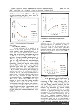 K. Mohan Kumar Int. Journal of Engineering Research and Applications www.ijera.com 
ISSN : 2248-9622, Vol. 4, Issue 11( Version 2), November 2014, pp.41-53 
www.ijera.com 49 | P a g e 
which was not the case with 100% diesel. LPG helped to reduce the ignition delay which in turn reduce the BSFC and improved the performance. 
figure 4.2 fuel consumption at different load percentages. 4.4 Brake Thermal Efficiency 
Overall efficiency of the engine is the measure of the engine performance. Higher the engine efficiency means better performance by the engine. The variation of brake thermal efficiency against load for different proportions of LPG and diesel has been shown in figure 4.3. It can be seen that brake thermal efficiency of genset running on 100% diesel gradually increased from 8% to 23% from 20% load to 80% load and then decreased to 22% and 20% on peak load and overload respectively. For dual fuel mode in figure4.3 it was observed BTE was less on low loads. High HC emissions at low loads play a big factor in low efficiency of the genset. But as the load increased BTE for dual fuel also increased. Maximum BTE on dual fuel was achieved for configuration of 69.63% diesel and 30.37% LPG with an improvement of nearly 30% at 100% loads. It kept on improving on peak loads with a maximum of 31.22%. The reason for improved efficiency was reduction in delay period of pilot diesel. With dual fuel BSFC was higher than that on diesel at low loads. This is because at part loads fuel consumption for dual fuel is more. Another thing which can be depicted from graph is if the composition of LPG in dual fuel is increased beyond a certain limit BSFC will decrease as can be said from 52% diesel. Thus BSFC curve concludes that it is beneficial to run the genset on dual fuel at high loads. 
figure 4.3 BTE at different Load percentages 4.5 HC Emissions Emissions from LPG fuel contain only short chain Hydrocarbon because of composition of fuel (C3H6 60%+C4H10 40%). They do not contain any toxic components which are found in diesel hydrocarbon emissions. However typical smell of hydrocarbon was observed when genset was made to run on LPG at different composition. figure 4.4 HC emission at different Load percentages 
It can be observed that the production of HC emissions was higher in LPG operation especially Combustion of 100% diesel produces little HC emission. Fig 4.4 shows variations of HC emissions with Load. At low loads HC emissions were least only 21 ppm at 500 watts. Emissions from diesel remained low throughout the different loading conditions with a maximum of 41 ppm on overload conditions. HC emissions form dual fuels were high as compare to 100% diesel especially at low loads. At low loads when the pilot fuel quantity is less, the flame cannot propagate completely leading to incomplete combustion and increase in HC emissions and Another reason can be LPG pre-mixture is scavenged to outside from the cylinder in the overlap period of the valves of discharge dual fuel genset. At  