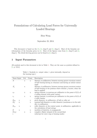 Formulations of Calculating Load Forces for Universally
Loaded Bearings
Zhan Wang
September 25, 2014
This document is based on the [1], [2, chap.7] and [3, chap.1]. Most of the formulas are
reformations of the formulas given in [1]. Most of the ﬁgures come from [2, chap.7] and [3,
chap.1]. The detail deriving process can be found in [3, chap.1].
1 Input Parameters
All symbols used in this document is list in Table 1. They are the same as symbols deﬁned in
[1, p. 2,3,4].
Table 1: Symbols (o: output value; i: given internally, depend on
the bearing type.)
Name Input Cal. Const. Description
A x x distance, in millimeters, between raceway groove curvature centers
of ball bearing having no clearance and having an initial contact
angle
Aj x distance, in millimeters, between raceway groove curvature centers
of ball bearing at the position where element j locates, when the
load is applied
cP x x spring constant, in newtons per millimeter to the power of 3/2, of
a rolling element with point contact
cs x x spring constant, in newtons per millimeter to the power of 8/9, of
a roller lamina
Dpw x x pitch diameter, in millimeters, of ball or roller set
Dw x x nominal ball diameter or roller diameter (maximum or in the mid-
dle), in millimeters
Dwe x x roller diameter at the contact point, in millimeters, applicable in
the calculation of load ratings
E x x modulus of elasticity, in megapascals
E(χ) x x complete elliptic integral of the second kind
e subscript for outer ring or housing washer
1
 