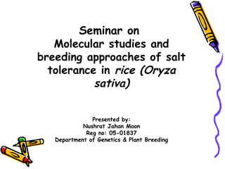 Seminar on
Molecular studies and
breeding approaches of salt
tolerance in rice (Oryza
sativa)
Presented by:
Nushrat Jahan Moon
Reg no: 05-01837
Department of Genetics & Plant Breeding
 