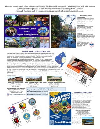 These are sample pages of the most recent calendar that I designed and edited. I worked directly with local printers
to produce the final product. I have produced calendars for both Boy Scout Councils.
Pictured: front and back cover, description page, sample ads and informational pages.
 