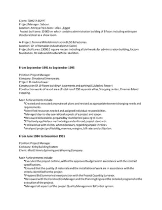 Client:TOYOTA EGYPT
ProjectManager: Sabour.
Location:AmreyaFree Zoon – Alex.,Egypt
Projectbuiltarea:10 000 m2
whichcontains administrationbuildingof 3floorsincludingwidespan
structural steel asa showroom.
4- Project:TemmaMilkAdministrationBLDG& Factories
Location:10th
of Ramadan industrial zone (Cairo)
Projectbuiltarea:13000.0 square metersincludingall civilworksforadministrationbuilding,factory
foundation,RCslabsandstructural Steel skeleton.
From September 1991 to September 1995
Position:ProjectManager
Company:ElmadenaElmenawara.
Project:El madinatower.
ConstructionOf 19 floorsbuilding4basementsandparking (ELMadina Tower)
Constructionworksof resortarea of total no of 250 separate villas,Shoppingcenter,Cinemas&land
escaping.
Main AchievementsInclude
*Createdand executedprojectworkplans andrevisedasappropriate to meetchangingneedsand
requirements.
*Identifiedresourcesneededandassignedindividual responsibilities.
*Managed day-to-dayoperational aspectsof aprojectandscope.
*Revieweddeliverablespreparedbyteambefore passingtoclient.
*Effectivelyappliedourmethodologyandenforcedprojectstandards.
*Followedupwithclients,whennecessary,regardingunpaidinvoices
*Analyzedprojectprofitability,revenue,margins,bill ratesandutilization.
From June 1984 to December 1991
Position:Project Manager
Company:KirbyBuildingSystem
Client:MisrEl AmriaSpinningandWeavingCompany
Main AchievementsInclude
*Executedthe projectontime,withinthe approvedbudgetandinaccordance withthe contract
specifications.
*Ensuredthat the qualityof materialsandthe installationof workare inaccordance withthe
criteriaidentifiedforthe project.
*PreparedBidSummariesinconjunctionwiththe ProjectQuantitySurveyor.
*Reviewedwiththe ConstructionManagerand the PlanningEngineerthe detailedprogramsforthe
executionof the project.
*Managed all aspectsof the projectQualityManagement&Control system.
 