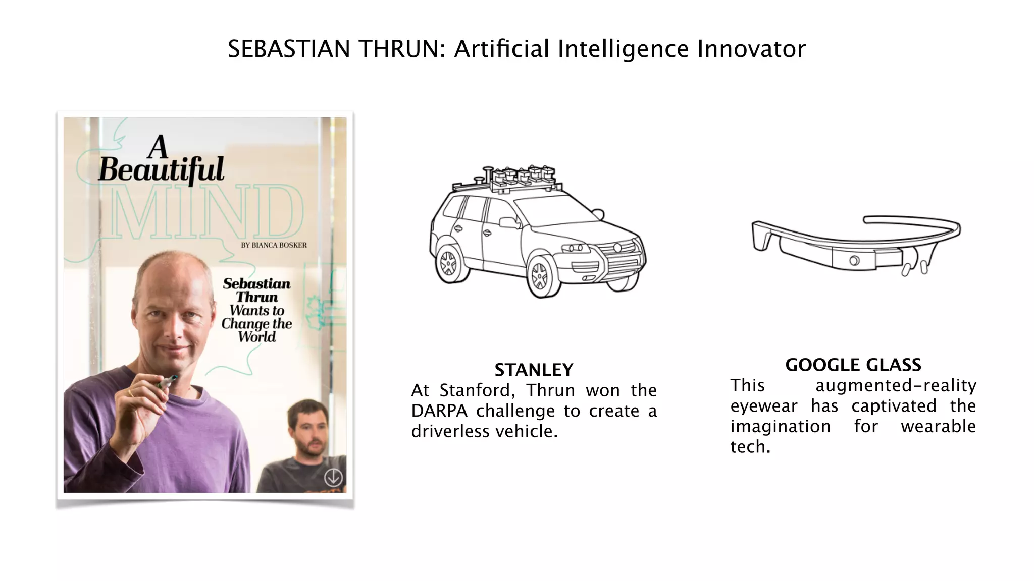 STANLEY
At Stanford, Thrun won the
DARPA challenge to create a
driverless vehicle.
SEBASTIAN THRUN: Artiﬁcial Intelligence Innovator
GOOGLE GLASS
This augmented-reality
eyewear has captivated the
imagination for wearable
tech.
 