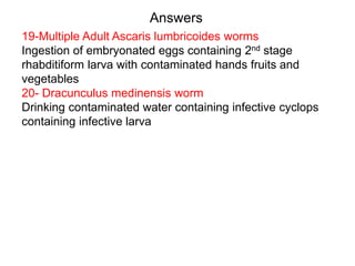 Answers
19-Multiple Adult Ascaris lumbricoides worms
Ingestion of embryonated eggs containing 2nd stage
rhabditiform larva with contaminated hands fruits and
vegetables
20- Dracunculus medinensis worm
Drinking contaminated water containing infective cyclops
containing infective larva
 