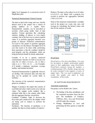higher level languages in a concurrent series of
MapReduce jobs.
Numerical Summarization Pattern Concept:
The data we deal with is huge and vast. And the
dataset used in this project has a chance of
getting updated on a regular basis.
Summarization analytics can be described as
activities which group similar kind of data
together. Various operations like calculating
statistics, building of indexes or even simply
counting. One of the best way to extract required
values is to perform aggregate functions over
groups of datasets. Numerical summarization
was used in this project to perform aggregate
calculations over the dataset.The highest level of
care that needs to be taken while performing
these operations is that the combiner should be
used properly and the calculations which are
being performed should be clearly understood.
Consider θ to be a generic numerical
summarization function we wish to execute over
some list of values (v1,v2,v3,...,vn) to find a
value λ, i.e. λ = θ(v1, v2, v3, …, vn). Examples
of θ include a minimum, maximum, average,
median, and standard deviation1.
Numerical Summarization is applicable when we
are dealing with numerical data and when the
data can be grouped by certain fields or
attributes.
The structure of the numerical summarization
pattern is as follows:
Mapper: It produces the output that consists of
eachfield and values which canbe setto relevant
values. The mapper works similarly like a
relational table that is the column relate fields
that the aggregate function can perform.
Combiner: Combiner helps to decrease the
Key/value pairs produced by the mapper which
are being sent to reducer to perform the
operations.
Partitioner: The function of partitioner is to
partition the data to certain number of reducers.
Reducer:The input to the reducer is set of values
(v1,v2,v3,v3...,vn) linked with a group-by key
records to perform the aggregation functions
λ=θ(v1,v2,v3,v4).
Some of the numerical summarization examples
used in the project are count, min, max, and
average for calculating the desired values and
also for the analysis of results.
Fig 2: Map Reducer flow
JFreeCharts
JFreeChart is a free Java chart library. It is easy
for developers to display professional quality
charts in their applications using JFreeCharts.
JFreeChart's extensive feature list includes: a
well-documented API,a flexible design that can
be easily extended. It also supports a variety of
output types. This was used to implement out
results into graphs and aided in better
visualization of the results.
III. SOFTWARE REQUIREMENTS
Functional requirements
Our project can be divided into 3 parts:
 The loading of the data, installations and
the command execution forms the first
part. The installation of Cloudera,
VMWare, Hive, Java and JFreeCharts
will fall under this category.
 Writing MapReduce in Java and
performing the Hive queries to study the
data.
 