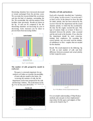 threatening situations have increased, decreased
or remain unchanged from the previous years.
We can study the reasons behind this occurrence
and also the kind of situations surrounding the
fire. We caninterlink this with the analysis of the
localities done previously. Results are shown in
the fig. 14 and can be compared if the life
threatening situations are increasing by year or
decreasing. Extra measures can be taken to
prevent them from increasing further.
Fig 14: Level ofIncidents
The number of calls grouped by month in
each year:
The query is extremely important for our
analysis as it helps us to predict the possibility
of total calls per month in the future. By
reviewing the statistics of calls, the fire
department can be more prepared for the calls
and the large volumes. The result shown in the
fig 15 is for the years 2014-2016. Fig 15: Monthly calls
Priorities ofCalls and incidents
Each call is basically classified into 3 priorities
(1,2,3) giving 1as less severe, 2 as severe and 3
as most severe. In the dataset we have the data
for initial priority that has been entered by the
receiver from the fire department and the actual
situation priority to which the fire escalated by
the time the fire engine reached the spot. This
type of analysis helps us to know if there is a
mismatch between the priority value assumed
and the end result at the location. If yes, then the
fire department should be more conscious
training their employees. By assuming the
correct priority one can easily send the number
of ambulances or fires –engines that are needed
for the situation.
Result: The result depicted in the following fig
16 tells us total number of calls and their
difference between assumed and actual priority
in their respective years.
Fig: 16 The difference between original and final priorities
For an in-depth understanding of Map-Reduce
methods and concepts we have implemented
map reduce for this query and snippets of that
code can be found in fig 17.
 