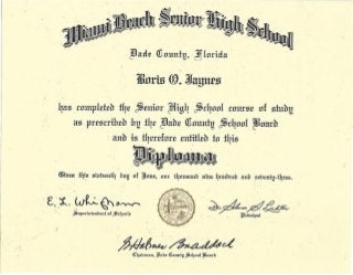 Boris O. Jaynes - Miami Beach Senior High School Diploma