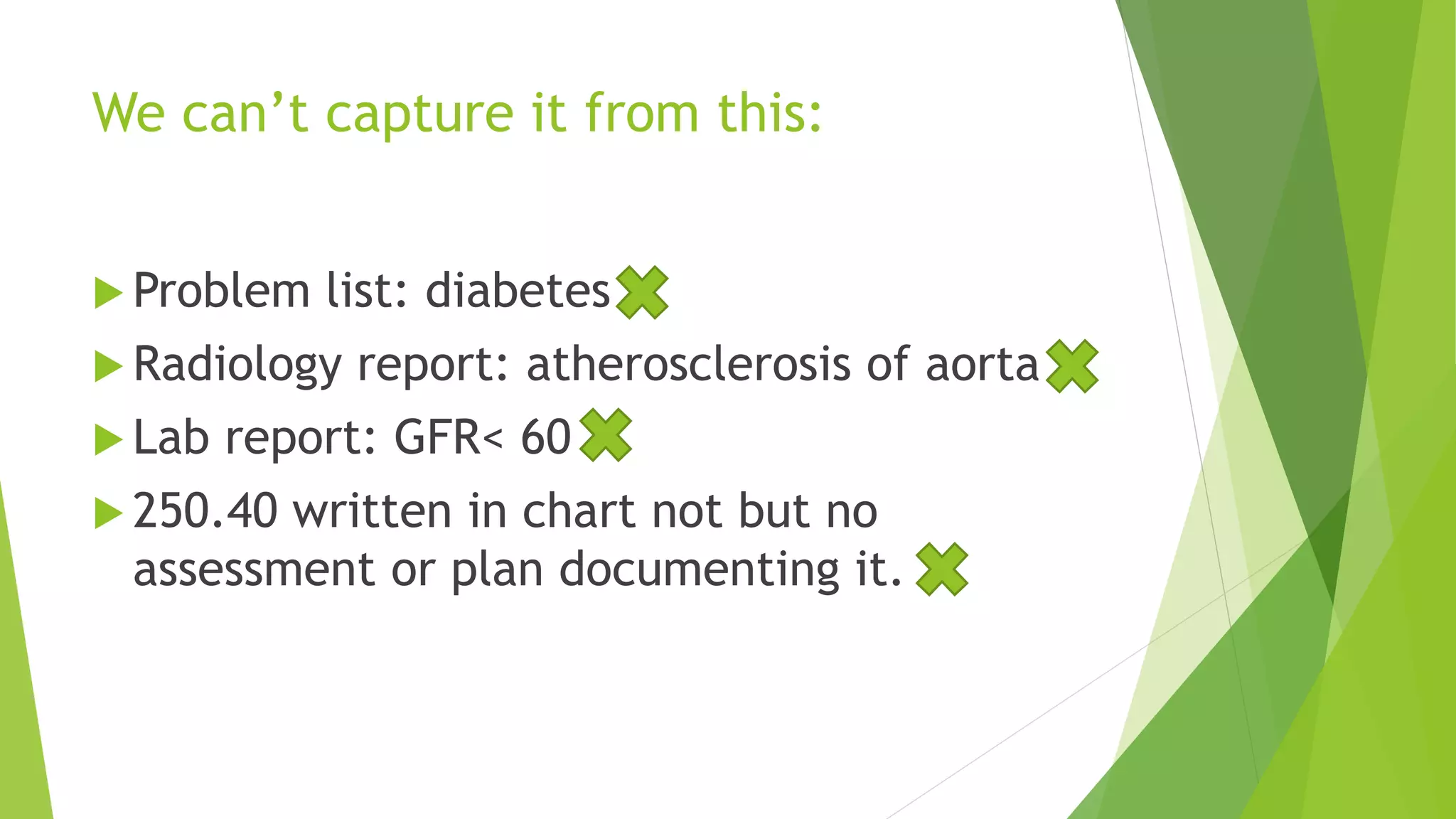 We can’t capture it from this:
 Problem list: diabetes
 Radiology report: atherosclerosis of aorta
 Lab report: GFR< 60
 250.40 written in chart not but no
assessment or plan documenting it.
 
