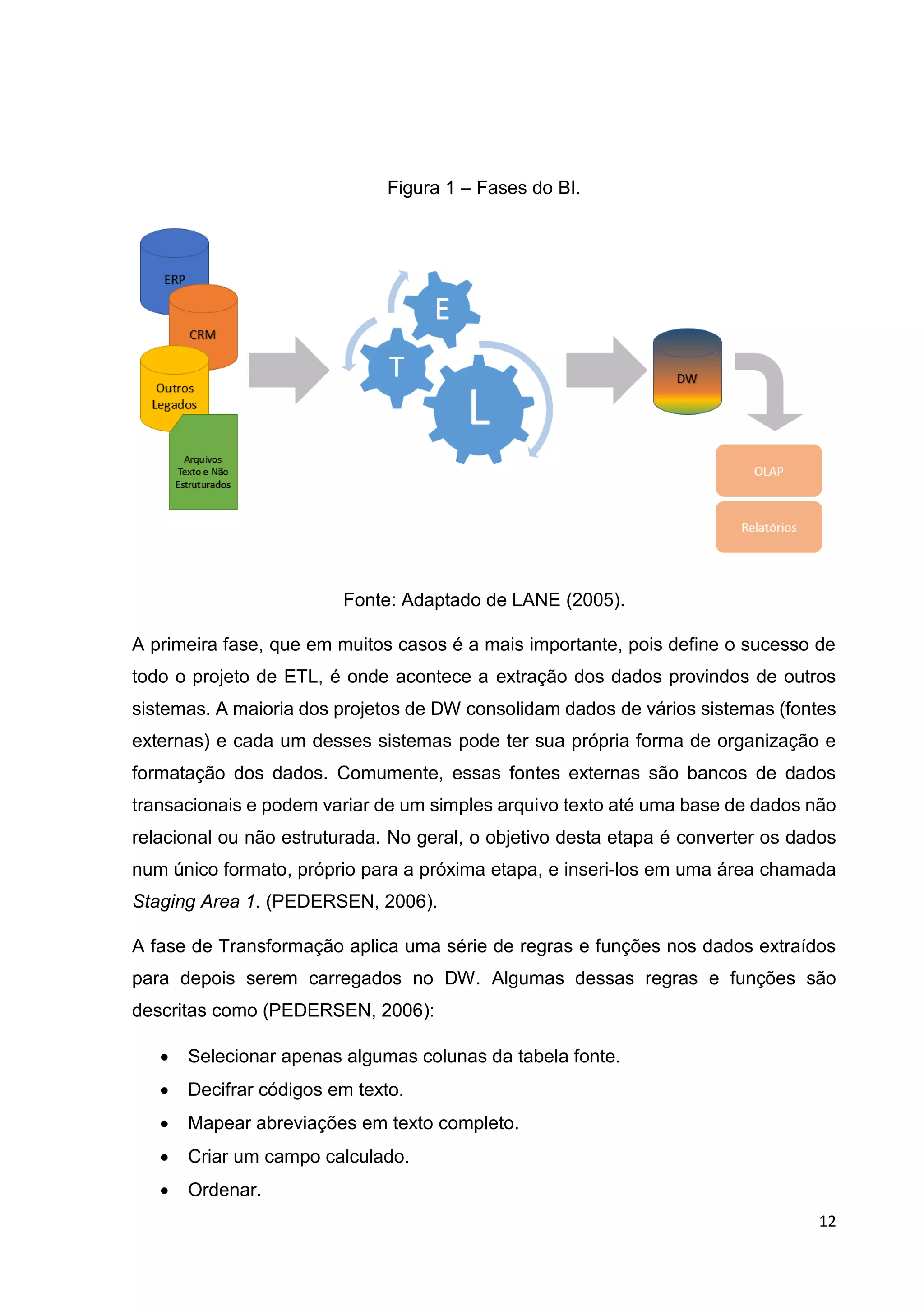 12
Figura 1 – Fases do BI.
Fonte: Adaptado de LANE (2005).
A primeira fase, que em muitos casos é a mais importante, pois define o sucesso de
todo o projeto de ETL, é onde acontece a extração dos dados provindos de outros
sistemas. A maioria dos projetos de DW consolidam dados de vários sistemas (fontes
externas) e cada um desses sistemas pode ter sua própria forma de organização e
formatação dos dados. Comumente, essas fontes externas são bancos de dados
transacionais e podem variar de um simples arquivo texto até uma base de dados não
relacional ou não estruturada. No geral, o objetivo desta etapa é converter os dados
num único formato, próprio para a próxima etapa, e inseri-los em uma área chamada
Staging Area 1. (PEDERSEN, 2006).
A fase de Transformação aplica uma série de regras e funções nos dados extraídos
para depois serem carregados no DW. Algumas dessas regras e funções são
descritas como (PEDERSEN, 2006):
 Selecionar apenas algumas colunas da tabela fonte.
 Decifrar códigos em texto.
 Mapear abreviações em texto completo.
 Criar um campo calculado.
 Ordenar.
 