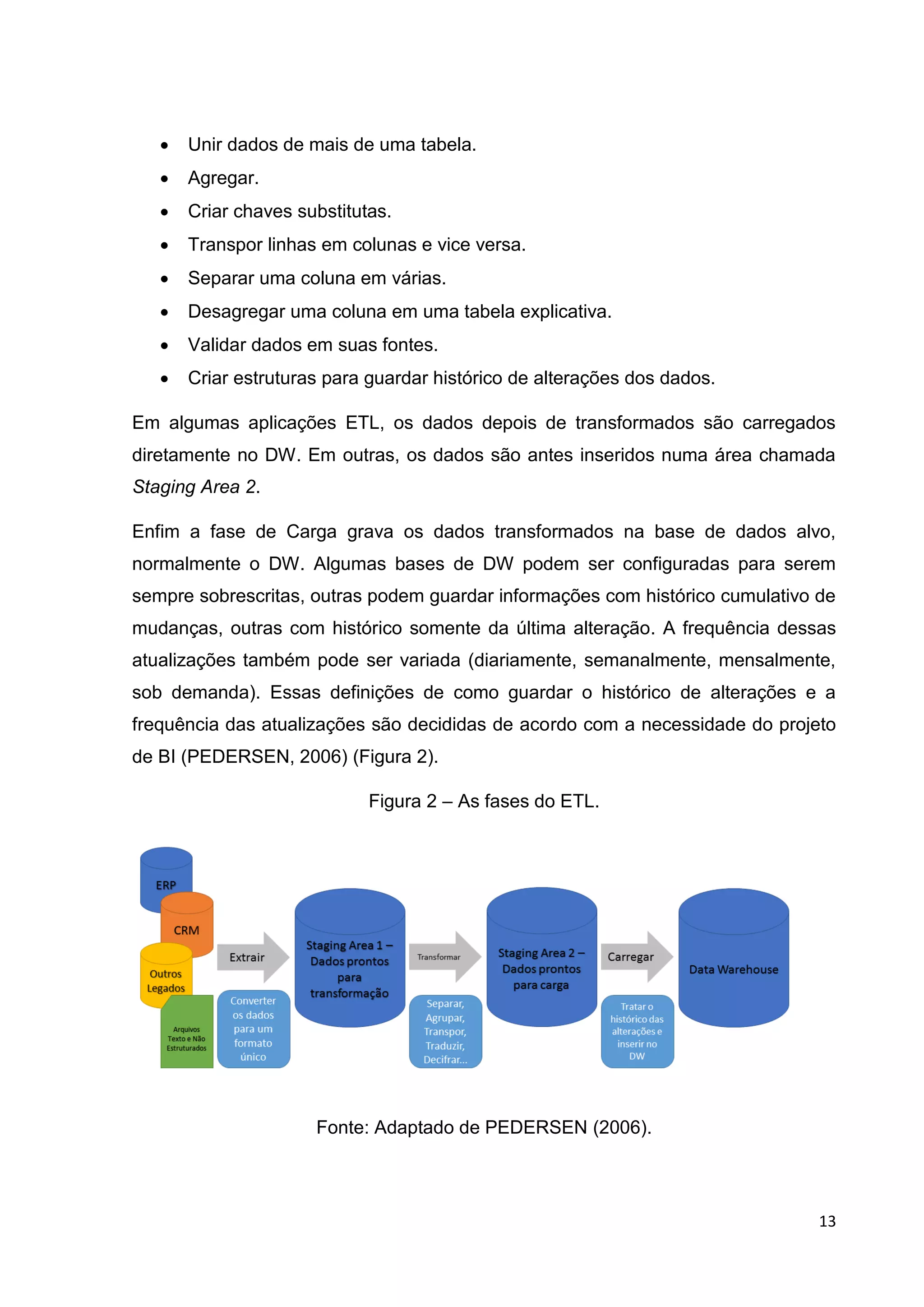13
 Unir dados de mais de uma tabela.
 Agregar.
 Criar chaves substitutas.
 Transpor linhas em colunas e vice versa.
 Separar uma coluna em várias.
 Desagregar uma coluna em uma tabela explicativa.
 Validar dados em suas fontes.
 Criar estruturas para guardar histórico de alterações dos dados.
Em algumas aplicações ETL, os dados depois de transformados são carregados
diretamente no DW. Em outras, os dados são antes inseridos numa área chamada
Staging Area 2.
Enfim a fase de Carga grava os dados transformados na base de dados alvo,
normalmente o DW. Algumas bases de DW podem ser configuradas para serem
sempre sobrescritas, outras podem guardar informações com histórico cumulativo de
mudanças, outras com histórico somente da última alteração. A frequência dessas
atualizações também pode ser variada (diariamente, semanalmente, mensalmente,
sob demanda). Essas definições de como guardar o histórico de alterações e a
frequência das atualizações são decididas de acordo com a necessidade do projeto
de BI (PEDERSEN, 2006) (Figura 2).
Figura 2 – As fases do ETL.
Fonte: Adaptado de PEDERSEN (2006).
 