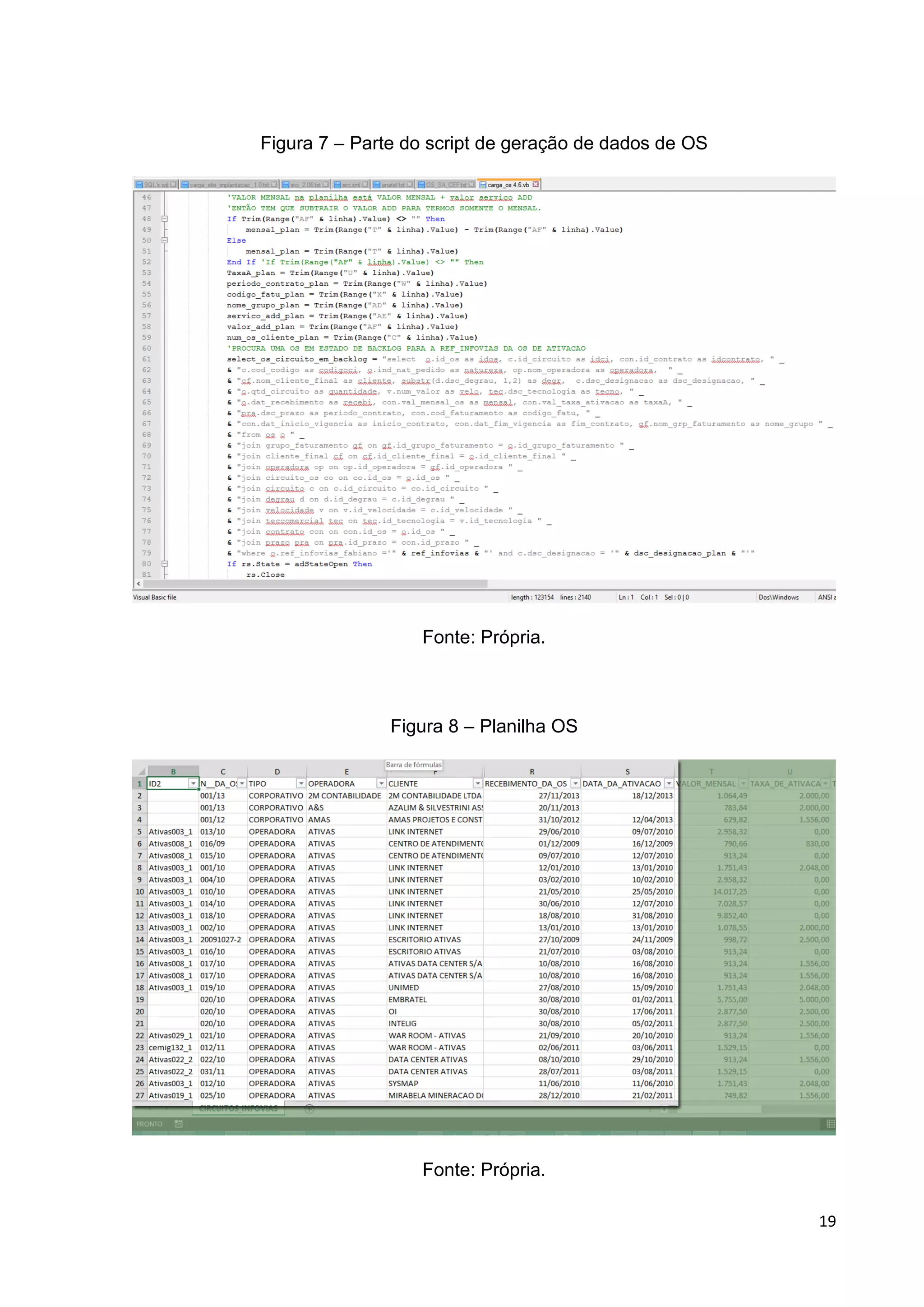 19
Figura 7 – Parte do script de geração de dados de OS
Fonte: Própria.
Figura 8 – Planilha OS
Fonte: Própria.
 