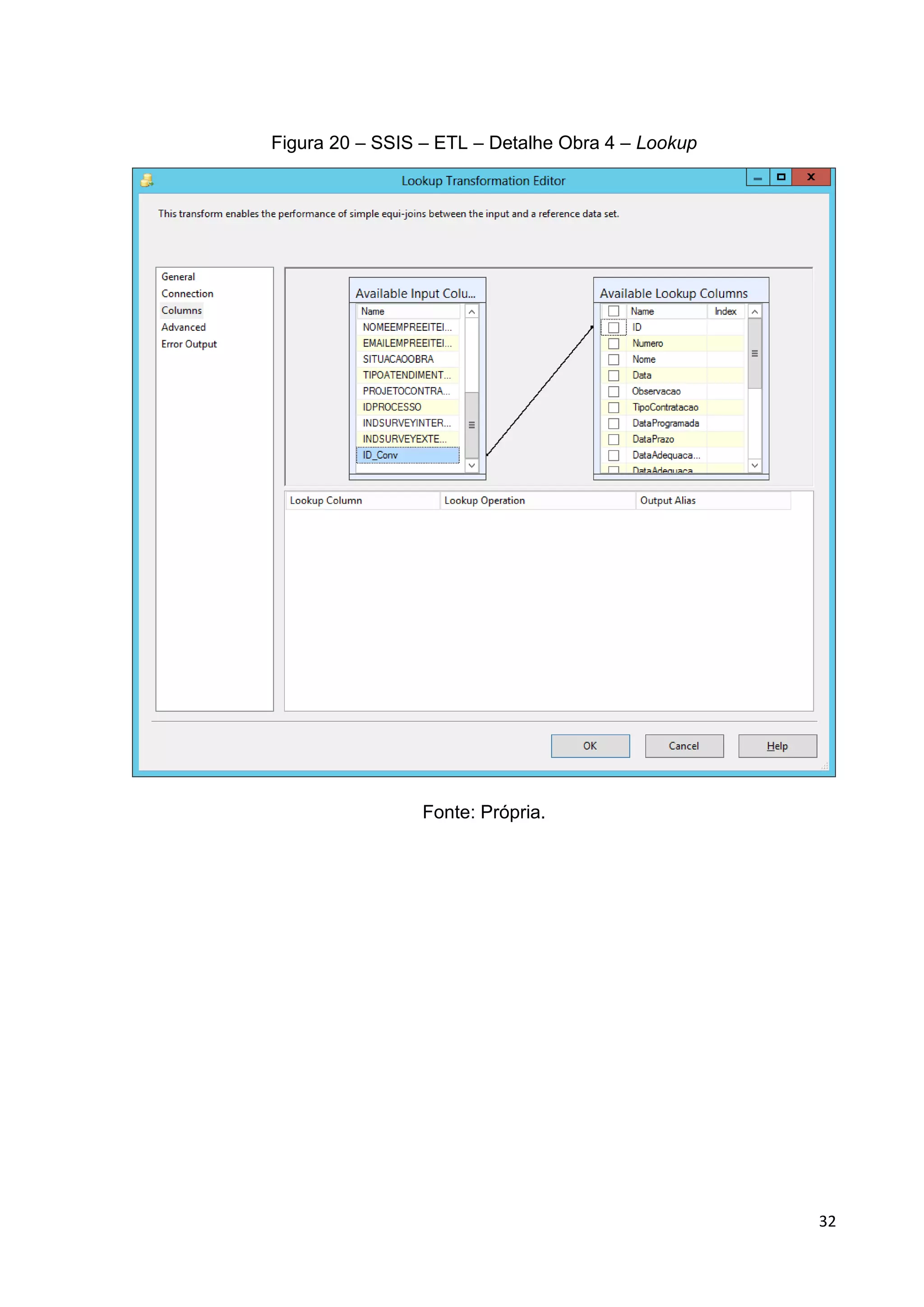 32
Figura 20 – SSIS – ETL – Detalhe Obra 4 – Lookup
Fonte: Própria.
 