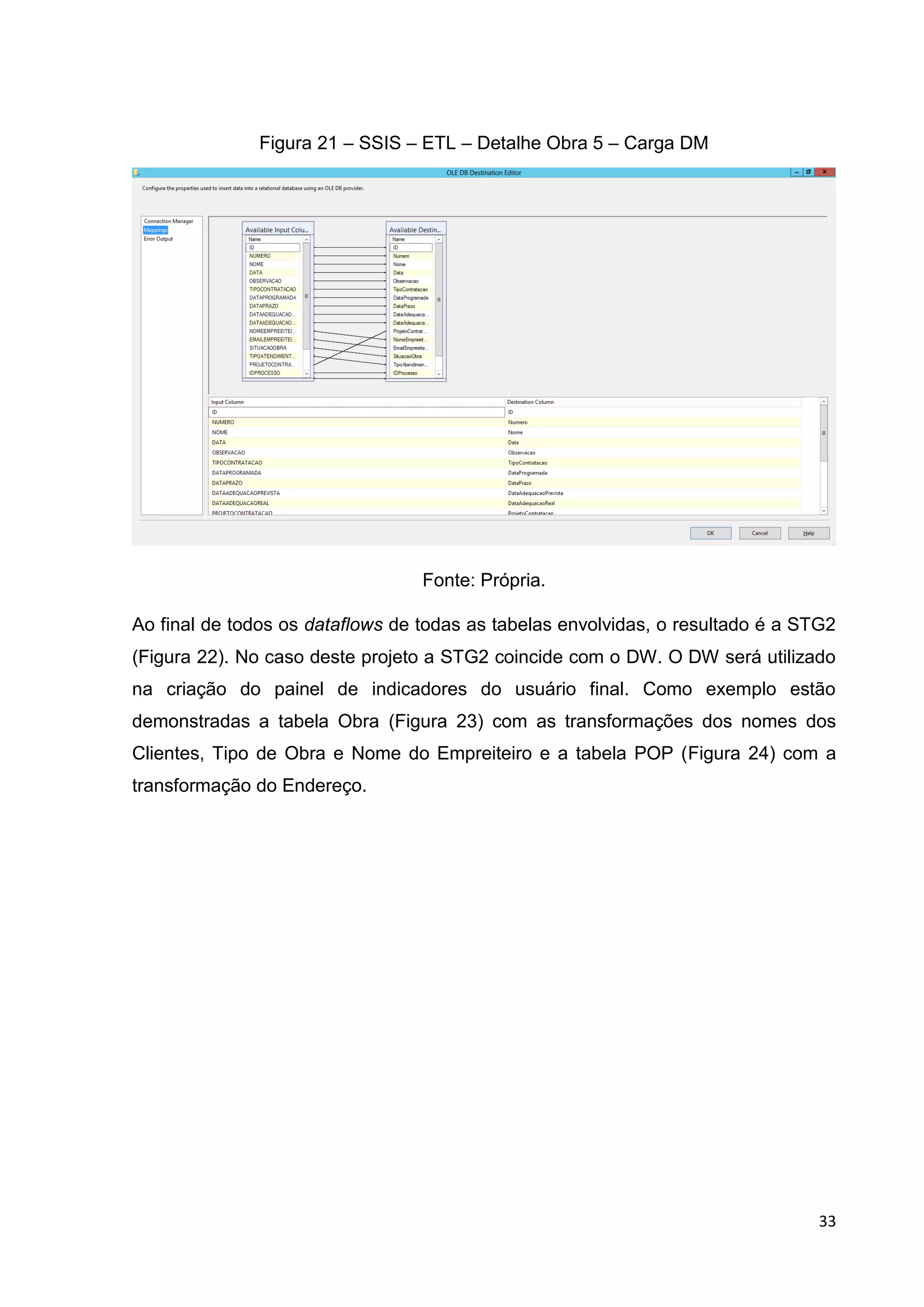 33
Figura 21 – SSIS – ETL – Detalhe Obra 5 – Carga DM
Fonte: Própria.
Ao final de todos os dataflows de todas as tabelas envolvidas, o resultado é a STG2
(Figura 22). No caso deste projeto a STG2 coincide com o DW. O DW será utilizado
na criação do painel de indicadores do usuário final. Como exemplo estão
demonstradas a tabela Obra (Figura 23) com as transformações dos nomes dos
Clientes, Tipo de Obra e Nome do Empreiteiro e a tabela POP (Figura 24) com a
transformação do Endereço.
 