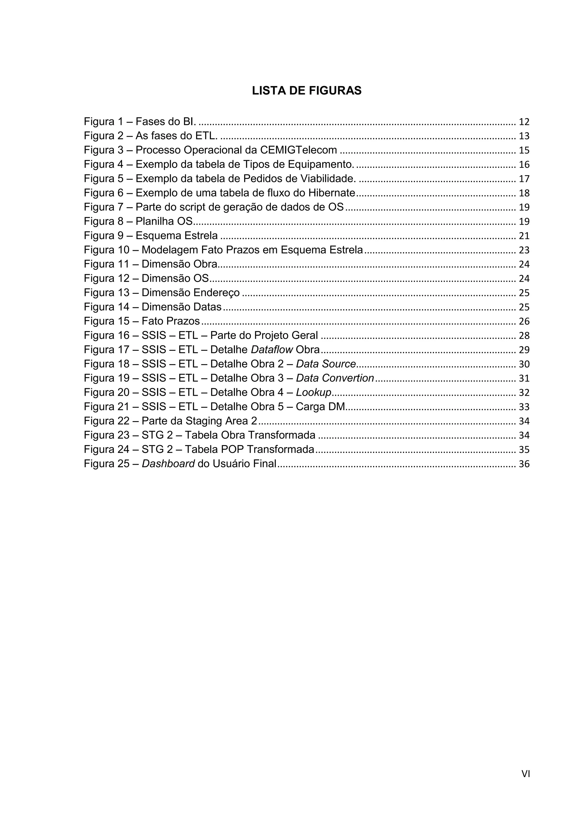 VI
LISTA DE FIGURAS
Figura 1 – Fases do BI. ..................................................................................................................... 12
Figura 2 – As fases do ETL. ............................................................................................................. 13
Figura 3 – Processo Operacional da CEMIGTelecom ................................................................. 15
Figura 4 – Exemplo da tabela de Tipos de Equipamento............................................................ 16
Figura 5 – Exemplo da tabela de Pedidos de Viabilidade. .......................................................... 17
Figura 6 – Exemplo de uma tabela de fluxo do Hibernate........................................................... 18
Figura 7 – Parte do script de geração de dados de OS............................................................... 19
Figura 8 – Planilha OS....................................................................................................................... 19
Figura 9 – Esquema Estrela ............................................................................................................. 21
Figura 10 – Modelagem Fato Prazos em Esquema Estrela........................................................ 23
Figura 11 – Dimensão Obra.............................................................................................................. 24
Figura 12 – Dimensão OS................................................................................................................. 24
Figura 13 – Dimensão Endereço ..................................................................................................... 25
Figura 14 – Dimensão Datas............................................................................................................ 25
Figura 15 – Fato Prazos.................................................................................................................... 26
Figura 16 – SSIS – ETL – Parte do Projeto Geral ........................................................................ 28
Figura 17 – SSIS – ETL – Detalhe Dataflow Obra........................................................................ 29
Figura 18 – SSIS – ETL – Detalhe Obra 2 – Data Source........................................................... 30
Figura 19 – SSIS – ETL – Detalhe Obra 3 – Data Convertion.................................................... 31
Figura 20 – SSIS – ETL – Detalhe Obra 4 – Lookup.................................................................... 32
Figura 21 – SSIS – ETL – Detalhe Obra 5 – Carga DM............................................................... 33
Figura 22 – Parte da Staging Area 2............................................................................................... 34
Figura 23 – STG 2 – Tabela Obra Transformada ......................................................................... 34
Figura 24 – STG 2 – Tabela POP Transformada.......................................................................... 35
Figura 25 – Dashboard do Usuário Final........................................................................................ 36
 