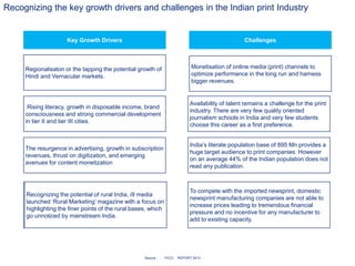 Key Growth Drivers
Recognizing the potential of rural India, i9 media
launched ‘Rural Marketing’ magazine with a focus on
highlighting the finer points of the rural bases, which
go unnoticed by mainstream India.
Regionalisaton or the tapping the potential growth of
Hindi and Vernacular markets.
Rising literacy, growth in disposable income, brand
consciousness and strong commercial development
in tier II and tier III cities.
The resurgence in advertising, growth in subscription
revenues, thrust on digitization, and emerging
avenues for content monetization
To compete with the imported newsprint, domestic
newsprint manufacturing companies are not able to
increase prices leading to tremendous financial
pressure and no incentive for any manufacturer to
add to existing capacity.
Availability of talent remains a challenge for the print
industry. There are very few quality oriented
journalism schools in India and very few students
choose this career as a first preference.
India’s literate population base of 895 Mn provides a
huge target audience to print companies. However
on an average 44% of the Indian population does not
read any publication.
Challenges
Monetisation of online media (print) channels to
optimize performance in the long run and harness
bigger revenues.
Recognizing the key growth drivers and challenges in the Indian print Industry
Source : : FICCI REPORT 2013
Recognizing the potential of rural India, i9 media
launched ‘Rural Marketing’ magazine with a focus on
highlighting the finer points of the rural bases, which
go unnoticed by mainstream India.
 