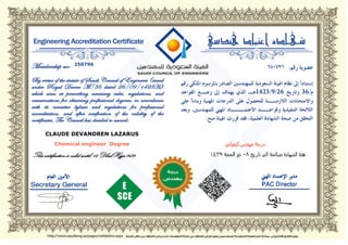 CLAUDE DEVANDREN LAZARUS
Chemical engineer Degree
This certification is valid until: 08 Dhul Hijja 1439
250796
 
