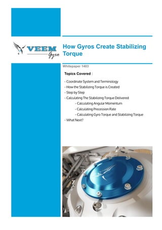 How Gyros Create Stabilizing
Torque
Whitepaper 1403
Topics Covered :
- Coordinate System and Terminology
- How the Stabilizing Torque is Created
- Step by Step
- Calculating The Stabilizing Torque Delivered
- Calculating Angular Momentum
- Calculating Precession Rate
- Calculating Gyro Torque and Stabilizing Torque
- What Next?
 