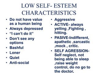 LOW SELF- ESTEEM
CHARACTERISTICS
• Do not have value
as a human being
• Always depressed
• “I can’t do it”
• Don’t see any
options
• Bashful
• Loner
• Quiet
• Anti-social
• Aggressive
• ACTIVE- always
yelling ,Fighting ,
hitting.
• PASIVE-Indifferent,
apathetic ,sarcastic
,mock , critic.
• SELF AGRESSION-
Self neglect, not
being able to sleep
,raise weight
control, do no go to
the doctor,
 