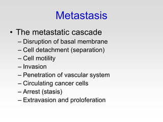 Metastasis
• The metastatic cascade
– Disruption of basal membrane
– Cell detachment (separation)
– Cell motility
– Invasion
– Penetration of vascular system
– Circulating cancer cells
– Arrest (stasis)
– Extravasion and proloferation
 