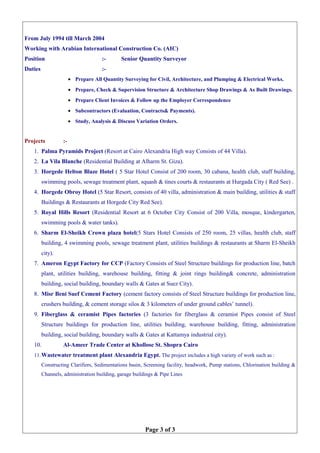 From July 1994 till March 2004
Working with Arabian International Construction Co. (AIC)
Position :- Senior Quantity Surveyor
Duties :-
• Prepare All Quantity Surveying for Civil, Architecture, and Plumping & Electrical Works.
• Prepare, Check & Supervision Structure & Architecture Shop Drawings & As Built Drawings.
• Prepare Client Invoices & Follow up the Employer Correspondence
• Subcontractors (Evaluation, Contracts& Payments).
• Study, Analysis & Discuss Variation Orders.
Projects :-
1. Palma Pyramids Project (Resort at Cairo Alexandria High way Consists of 44 Villa).
2. La Vila Blanche (Residential Building at Alharm St. Giza).
3. Horgede Helton Blaze Hotel ( 5 Star Hotel Consist of 200 room, 30 cabana, health club, staff building,
swimming pools, sewage treatment plant, squash & tines courts & restaurants at Hurgada City ( Red See) .
4. Horgede Obroy Hotel (5 Star Resort, consists of 40 villa, administration & main building, utilities & staff
Buildings & Restaurants at Horgede City Red See).
5. Royal Hills Resort (Residential Resort at 6 October City Consist of 200 Villa, mosque, kindergarten,
swimming pools & water tanks).
6. Sharm El-Sheikh Crown plaza hotel(5 Stars Hotel Consists of 250 room, 25 villas, health club, staff
building, 4 swimming pools, sewage treatment plant, utilities buildings & restaurants at Sharm El-Sheikh
city).
7. Ameron Egypt Factory for CCP (Factory Consists of Steel Structure buildings for production line, batch
plant, utilities building, warehouse building, fitting & joint rings building& concrete, administration
building, social building, boundary walls & Gates at Suez City).
8. Misr Beni Suef Cement Factory (cement factory consists of Steel Structure buildings for production line,
crushers building, & cement storage silos & 3 kilometers of under ground cables’ tunnel).
9. Fiberglass & ceramist Pipes factories (3 factories for fiberglass & ceramist Pipes consist of Steel
Structure buildings for production line, utilities building, warehouse building, fitting, administration
building, social building, boundary walls & Gates at Kattamya industrial city).
10. Al-Ameer Trade Center at Khollose St. Shopra Cairo
11.Wastewater treatment plant Alexandria Egypt. The project includes a high variety of work such as :
Constructing Clarifiers, Sedimentations basin, Screening facility, headwork, Pump stations, Chlorination building &
Channels, administration building, garage buildings & Pipe Lines
Page 3 of 3
 