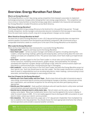5
Overview: Energy Marathon Fact Sheet
What is an Energy Marathon?
The Energy Marathon is a 26.2-day energy saving competition that empowers associates to implement
technology and process changes while reshaping their own energy usage behaviors. The competition can
occur at one or many facilities so long that energy usage data is available to be measured and evaluated.
Our Energy Marathon included 18 locations across North America.
Why Have an Energy Marathon?
The Energy Marathon brings energy efﬁciency to the forefront for a focused 26.2-day period. Through
friendly competition, facility managers and associates become motivated to ﬁnd new ways to save energy.
Since the event lasts nearly a month, long-term energy behavior changes can be created.
When Should an Energy Marathon be Held?
The best time to hold an Energy Marathon is over a 26.2-day period that generally does not experience
extreme weather ﬂuctuations from the baseline period being compared to. We recommend using a
comparable timeframe a week to a month prior to the start of the Energy Marathon as the baseline.
Who Leads the Energy Marathon?
There are four key leadership roles necessary for a successful Energy Marathon:
• Executive Staff – supports and helps launch the Energy Marathon.
• Core Team Leader – serves as project manager and handles all logistics including selecting Site
Leaders, compiling energy readings, gathering and analyzing data, communicating about the event and
making sure tasks are completed on time. This person also leads a Core Team made up of experienced
leaders.
• Core Team – provides support to the Core Team Leader in critical roles such as facility operations,
human resources, marketing communications, graphic design, and sustainability. For example,
somebody with expertise in graphic design could design a logo, while the communications expert can
help devise a communication plan, incorporating the logo in messaging.
• Site Leader(s) – serves as key liaison to the Core Team Leader and owns the Energy Marathon project at
their speciﬁc site. Each site should have its own Site Leader. The Site Leader should form a small local
team to assist in responsibilities such as recording daily electric meter readings, communicating to local
associates, and identifying strategies to save energy at their site.
How Can I Prepare for the Energy Marathon?
• Identify your Core Team Leader and Core Team – Build a team that will be able to brainstorm ways to
save energy, recommend speciﬁc process and technological changes in facilities, communicate across
your organization, and coordinate recognition for the winning site and other participating sites as
appropriate.
• Identify your Site Leader(s) – Seek qualiﬁed individuals who will read the electric utility meter and lead
communications and event execution at the site level.
• Identify how to interpret electric utility meter data – Not all meters are the same, some might be
analog, some digital. Many have multiplication factors that must be applied to the numeric display in
order to convert values to kWh. If it is not readily apparent how to distinguish kWh consumption on your
electric meter, contact your electric service provider.
• Set a baseline – We tracked electricity usage over a 13.1-day period in September then multiplied it by
two to establish a 26.2-day projection. You should choose the most appropriate timeframe that reﬂects
normal operations and considers seasonal weather variations.
Note: Be sure to maintain the same proportion of weekdays to weekends as you will
have in the Energy Marathon in order to establish the most accurate baseline.
 